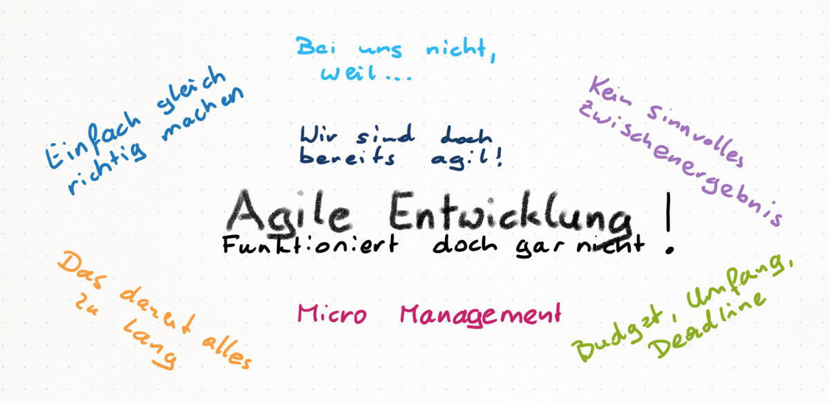 Um den Titel 'Agile Entwicklung funktioniert doch gar nicht' stehen in einer Wolke die Begriffe: 'Einfach gleich machen', 'Bei uns nicht, weil...', 'Wir sind doch bereits agil', 'Kein sinnvolles Zwischenergebnis', 'Budget, Umfang, Deadline', 'Micro Management' und 'Das dauert alles zu lang'.