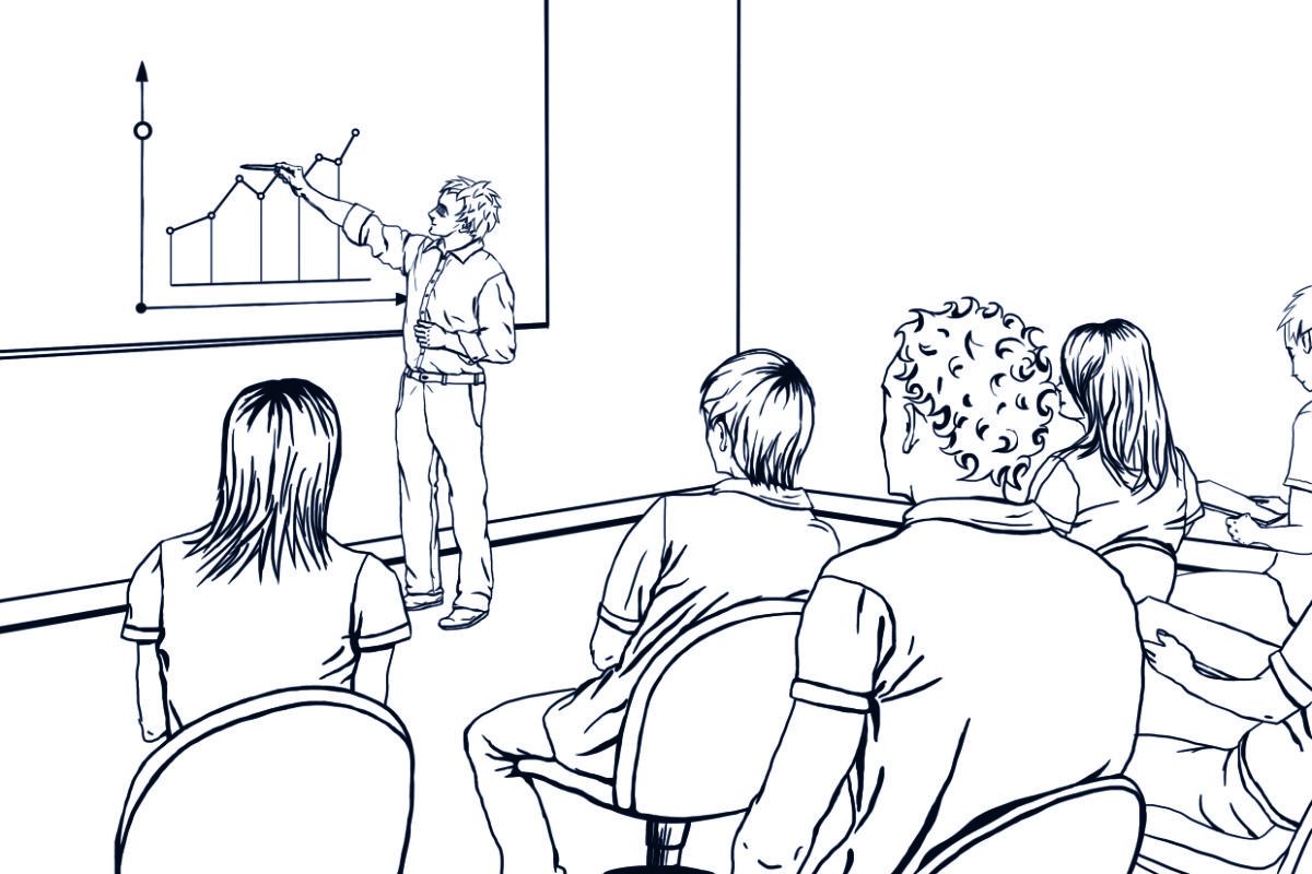 Manga-style drawing (black+white): A person, standing in front of a large screen, explaining a diagram to an audience. A part of the audience is visible: Men and women sitting on chairs, looking at the presenter.